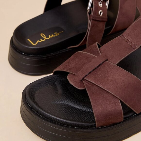 Lulus Surie Chocolate Brown Suede Strappy Flatform Slide Sandals/NIB/Size 8 - Picture 5 of 15